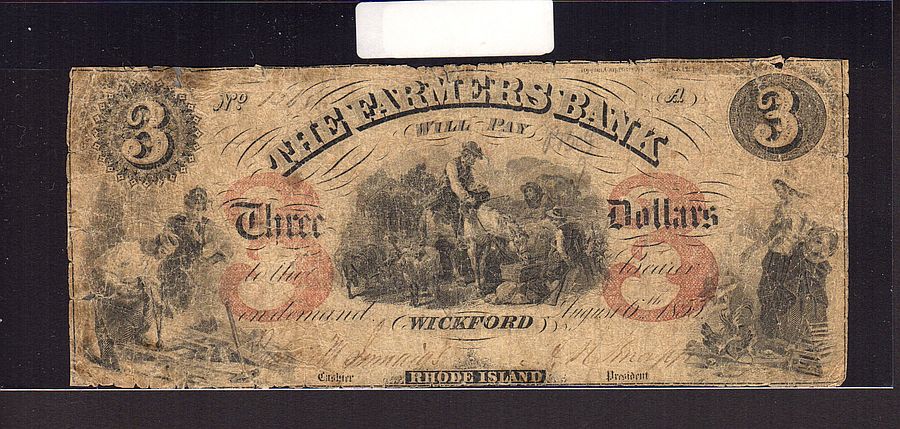 Wickford, RI, Farmers Bank 1855 $3, G-VG